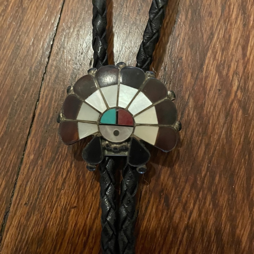 Southwest Vintage Zuni Sun Bolo Tie Leather Turquoise and Mother of Pearl